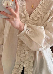 Handmade Beige Ruffled Patchwork Tops Lantern Sleeve