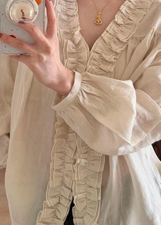 Handmade Beige Ruffled Patchwork Tops Lantern Sleeve