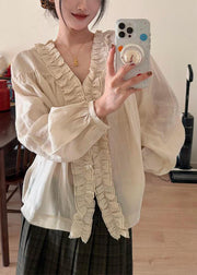 Handmade Beige Ruffled Patchwork Tops Lantern Sleeve