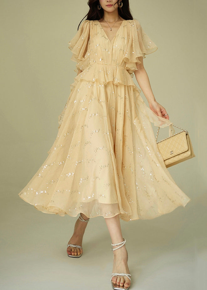 Handmade Beige Sequins Wrinkled Chiffon Long Dresses Summer