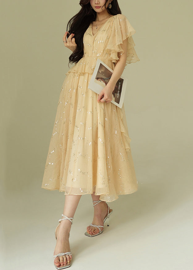 Handmade Beige Sequins Wrinkled Chiffon Long Dresses Summer