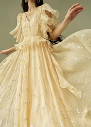 Handmade Beige Sequins Wrinkled Chiffon Long Dresses Summer