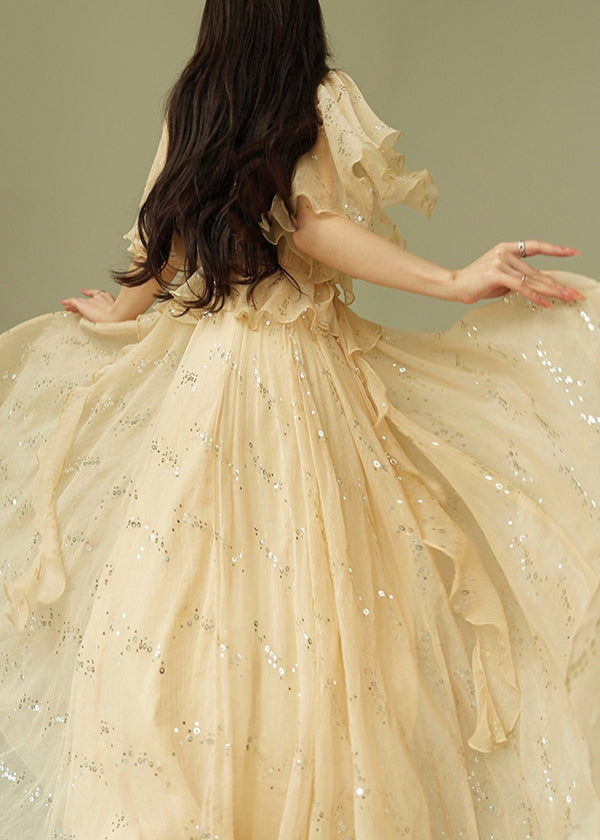 Handmade Beige Sequins Wrinkled Chiffon Long Dresses Summer