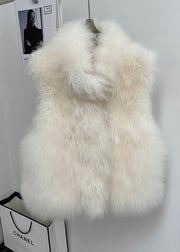 Handmade Beige Stand Collar Solid Leather And Fur Coat Sleeveless