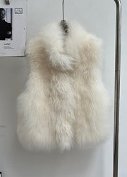 Handmade Beige Stand Collar Solid Leather And Fur Coat Sleeveless