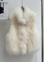 Handmade Beige Stand Collar Solid Leather And Fur Coat Sleeveless