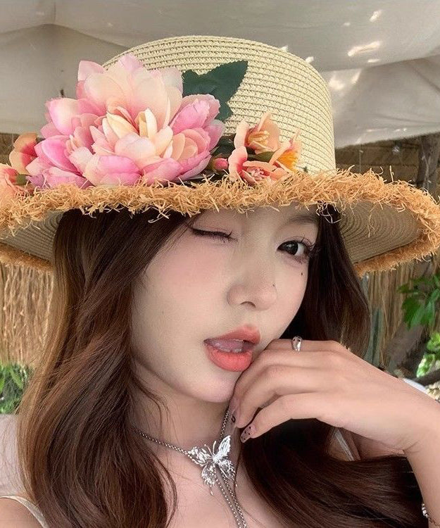 Handmade Beige Straw Woven Flower French Cloche Hat