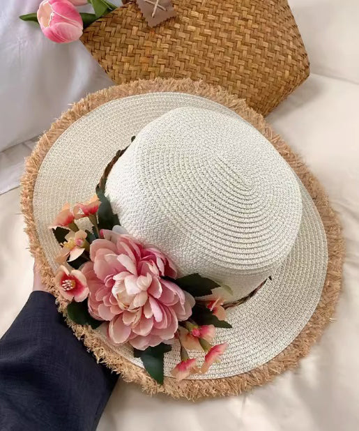 Handmade Beige Straw Woven Flower French Cloche Hat