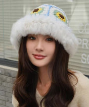 Handmade Beige Warm Rabbit Hair Knitted Bucket Hat Winter
