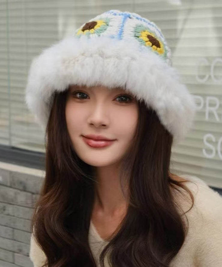 Handmade Beige Warm Rabbit Hair Knitted Bucket Hat Winter