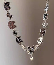 Handmade Black Alloy Graffiti Cat Pendant Necklace