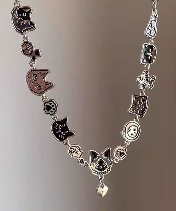 Handmade Black Alloy Graffiti Cat Pendant Necklace