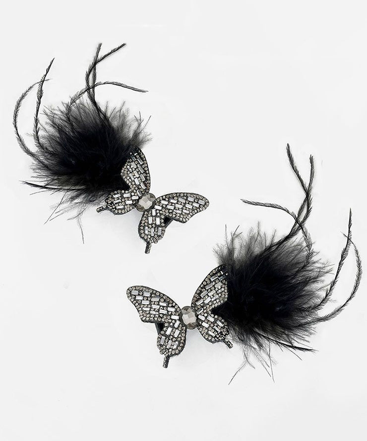 Handmade Black Alloy Zircon Butterfly Feathers Hairpin