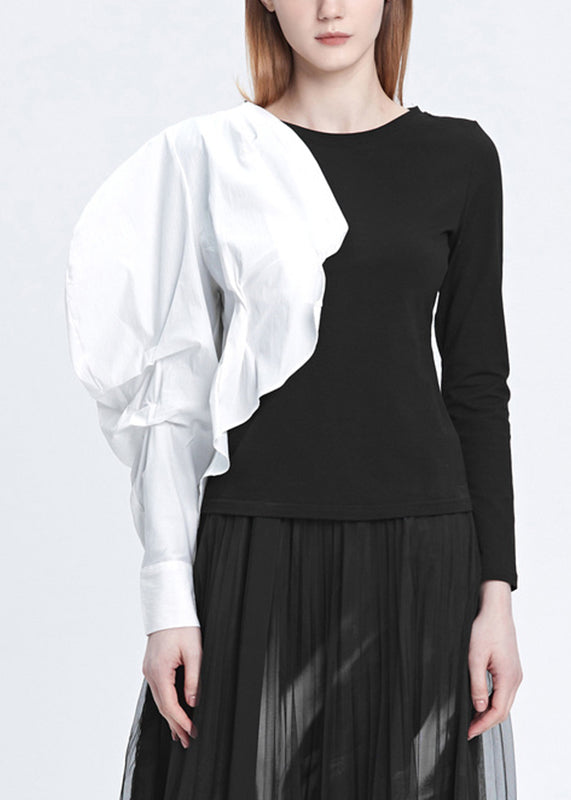 Handmade Black Asymmetrical Patchwork T Shirts Fall