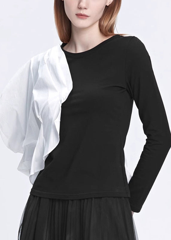 Handmade Black Asymmetrical Patchwork T Shirts Fall