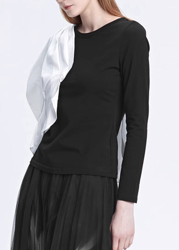 Handmade Black Asymmetrical Patchwork T Shirts Fall