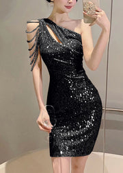 Handmade Black Asymmetrical Sequins Party Dress Sleeveless