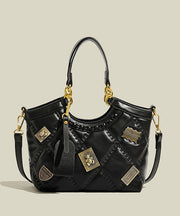 Handmade Black Bear Copper Sheet Decorated Faux Leather Tote Handbag