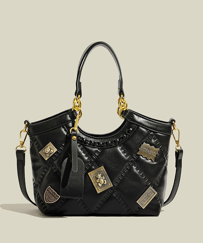 Handmade Black Bear Copper Sheet Decorated Faux Leather Tote Handbag