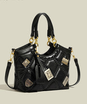 Handmade Black Bear Copper Sheet Decorated Faux Leather Tote Handbag