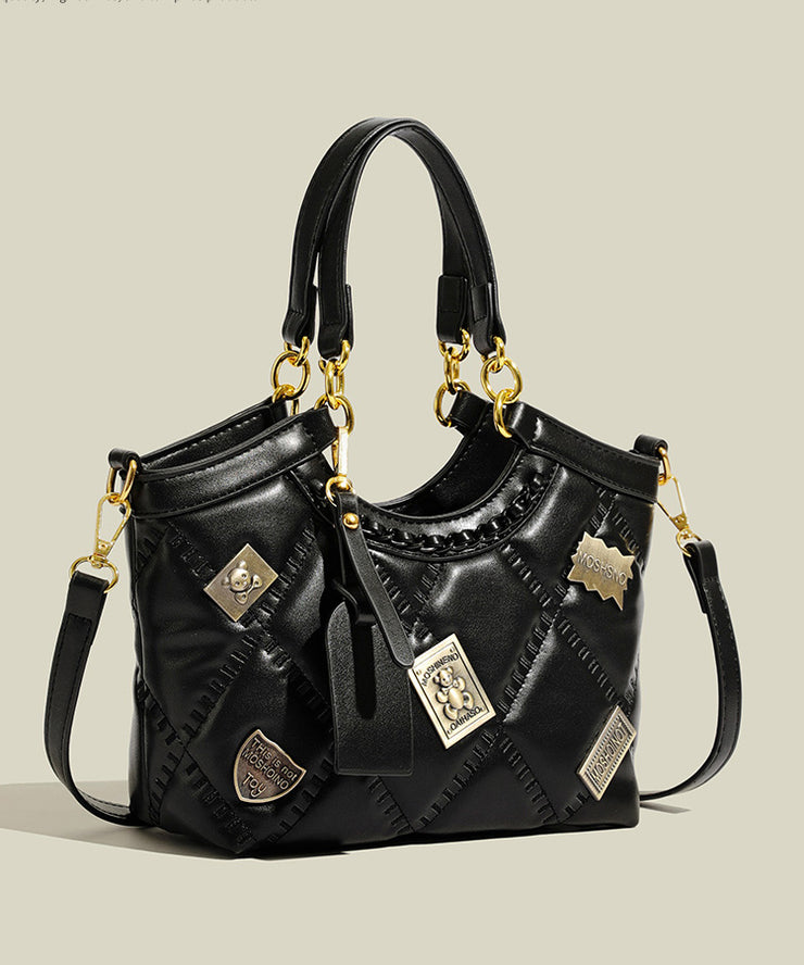 Handmade Black Bear Copper Sheet Decorated Faux Leather Tote Handbag