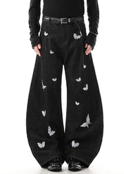 Handmade Black Butterfly Embroideried High Waist Denim Mens Pants Fall