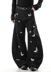 Handmade Black Butterfly Embroideried High Waist Denim Mens Pants Fall