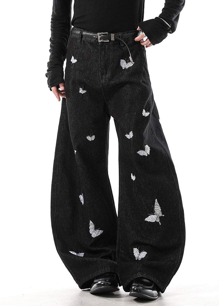 Handmade Black Butterfly Embroideried High Waist Denim Mens Pants Fall