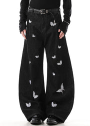 Handmade Black Butterfly Embroideried High Waist Denim Mens Pants Fall