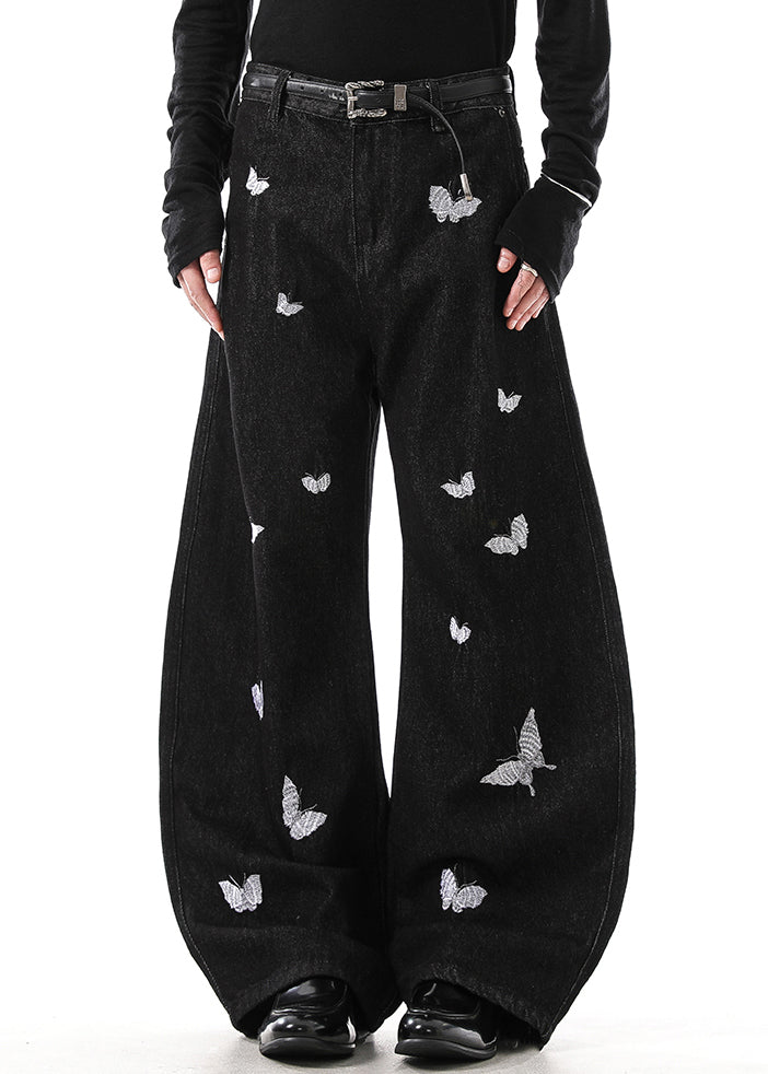 Handmade Black Butterfly Embroideried High Waist Denim Mens Pants Fall