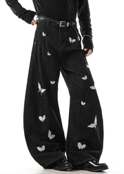 Handmade Black Butterfly Embroideried High Waist Denim Mens Pants Fall