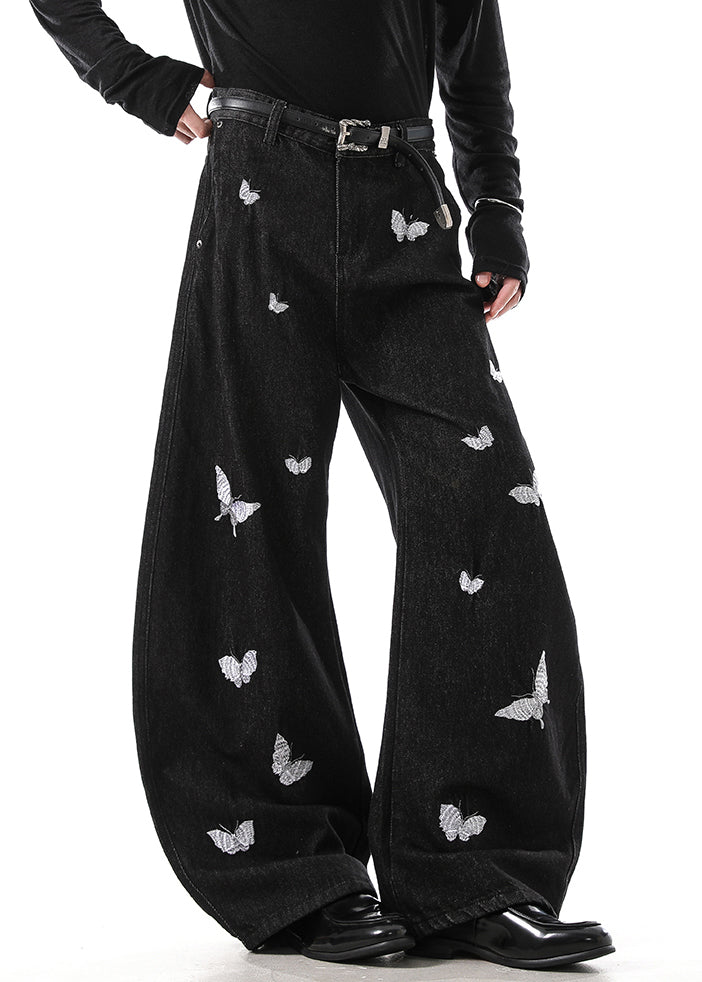 Handmade Black Butterfly Embroideried High Waist Denim Mens Pants Fall