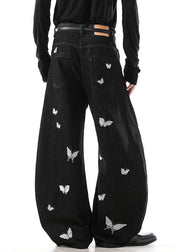 Handmade Black Butterfly Embroideried High Waist Denim Mens Pants Fall