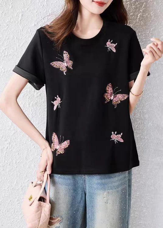 Handmade Black Butterfly Nail Bead Cotton T Shirt Summer