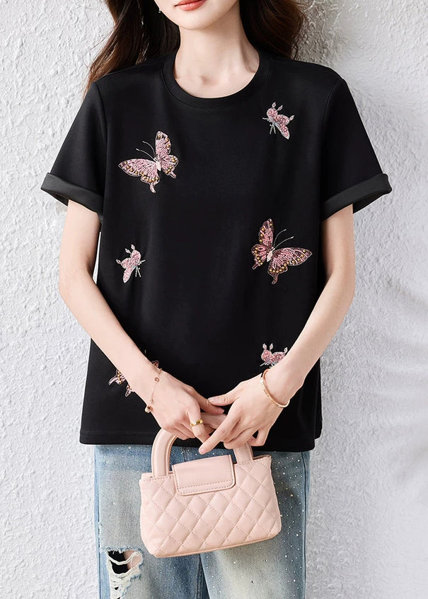 Handmade Black Butterfly Nail Bead Cotton T Shirt Summer