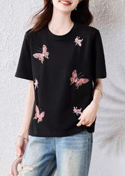 Handmade Black Butterfly Nail Bead Cotton T Shirt Summer
