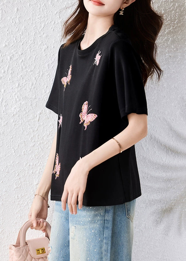 Handmade Black Butterfly Nail Bead Cotton T Shirt Summer