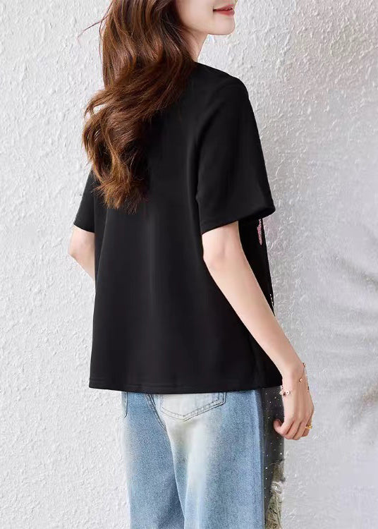 Handmade Black Butterfly Nail Bead Cotton T Shirt Summer