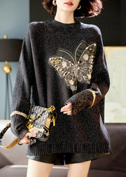Handmade Black Butterfly Sequins Knit Sweater Winter