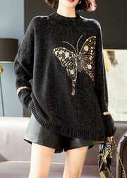 Handmade Black Butterfly Sequins Knit Sweater Winter
