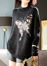 Handmade Black Butterfly Sequins Knit Sweater Winter