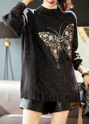 Handmade Black Butterfly Sequins Knit Sweater Winter
