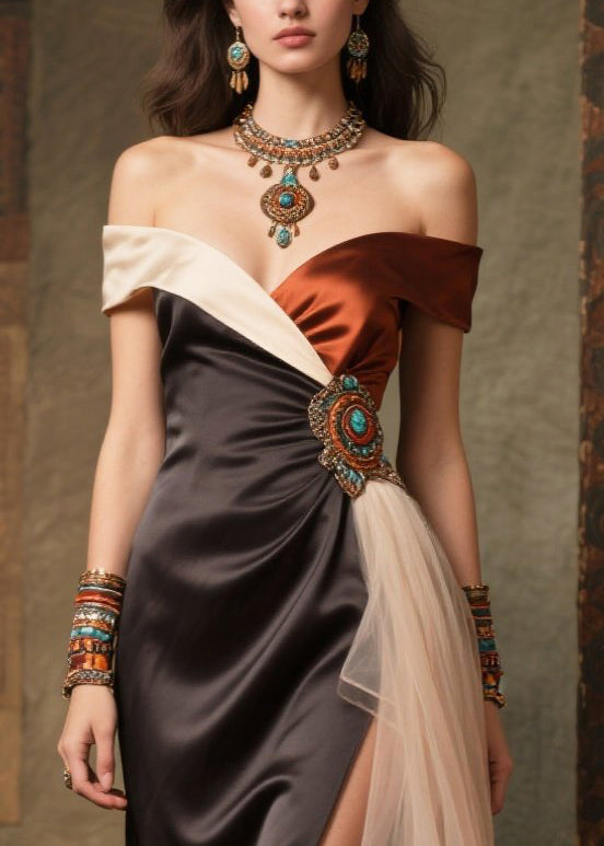 Handmade Black Cold Shoulder Side Open Silk Vestidos Dress Summer