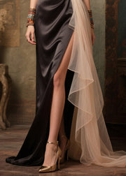 Handmade Black Cold Shoulder Side Open Silk Vestidos Dress Summer