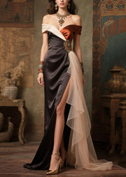 Handmade Black Cold Shoulder Side Open Silk Vestidos Dress Summer