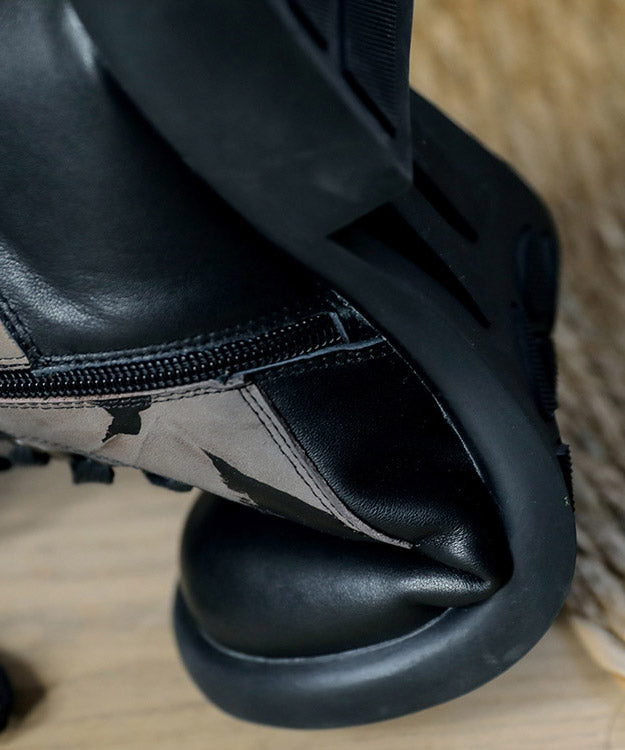 Handmade Black Cowhide Leather Boots Lace Up Embossed Boots