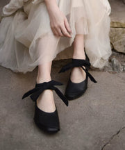 Handmade Black Cowhide Leather Wedge Heels Shoes Lace Up