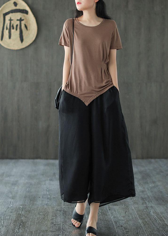 Handmade Black Elastic Waist Retro Wide Leg Crop Pants - SooLinen