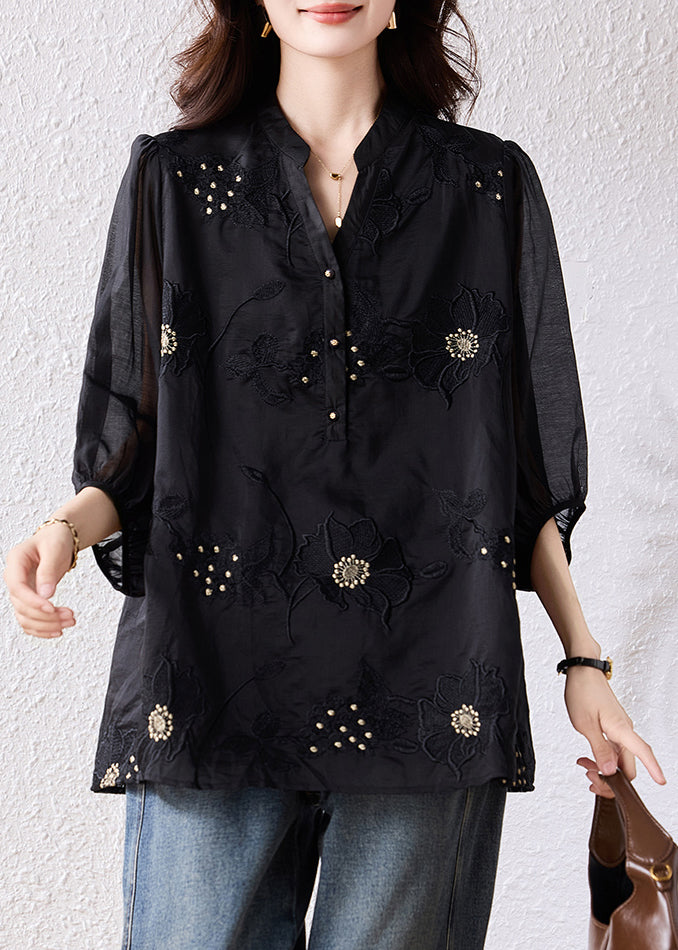 Handmade Black Embroidered Blouse Tops Bracelet Sleeve