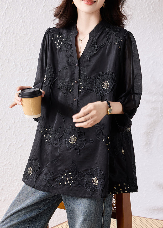 Handmade Black Embroidered Blouse Tops Bracelet Sleeve